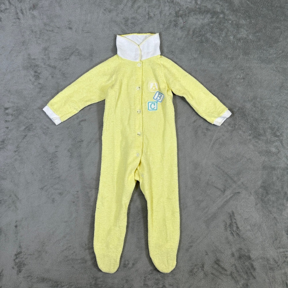 Vintage Style Yellow Terry Cloth ABC Block Footed Sleeper Snap Front Baby S